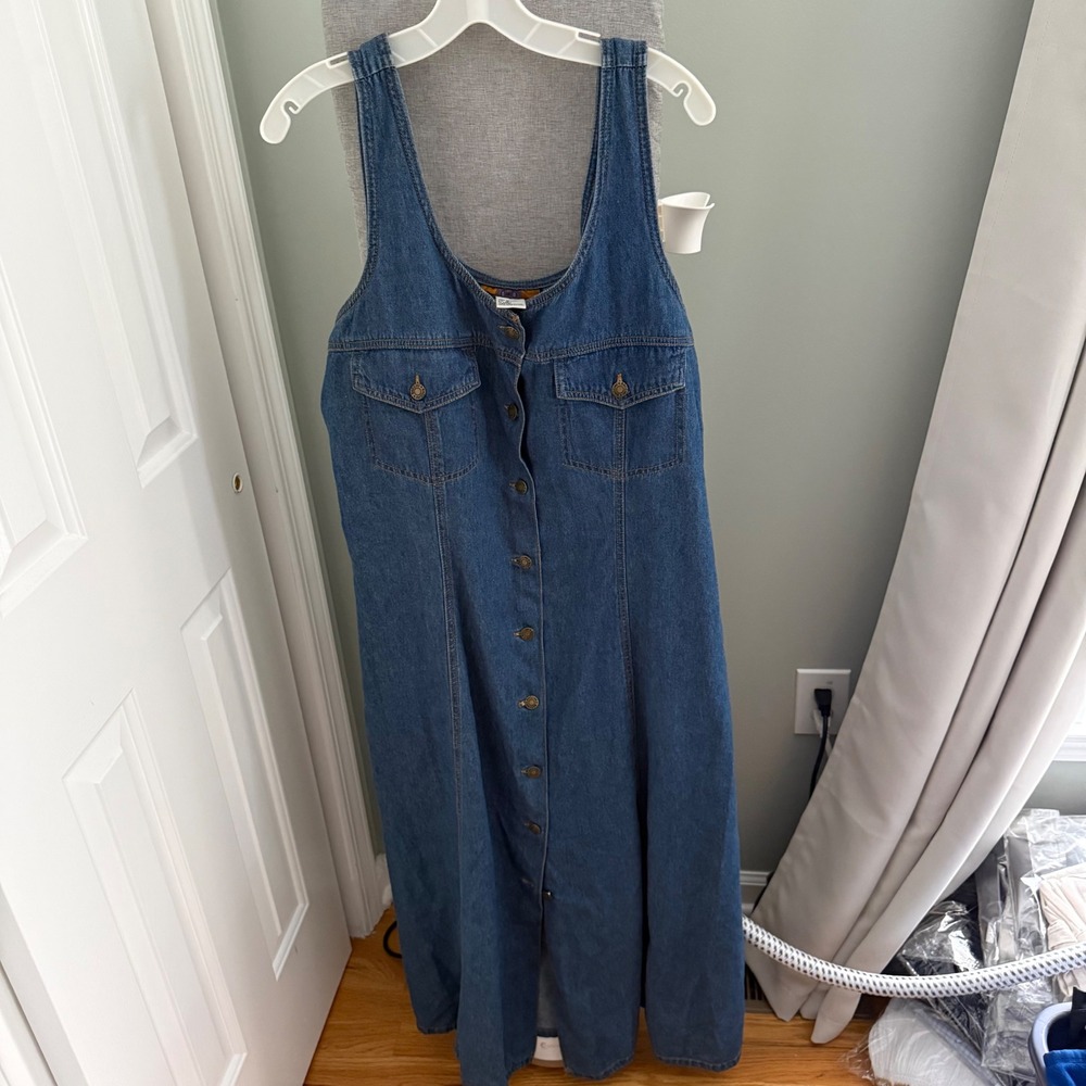 Vintage 90s Baccini Denim Maxi Dress 18 Button Front Pinafore Cottagecore Blue